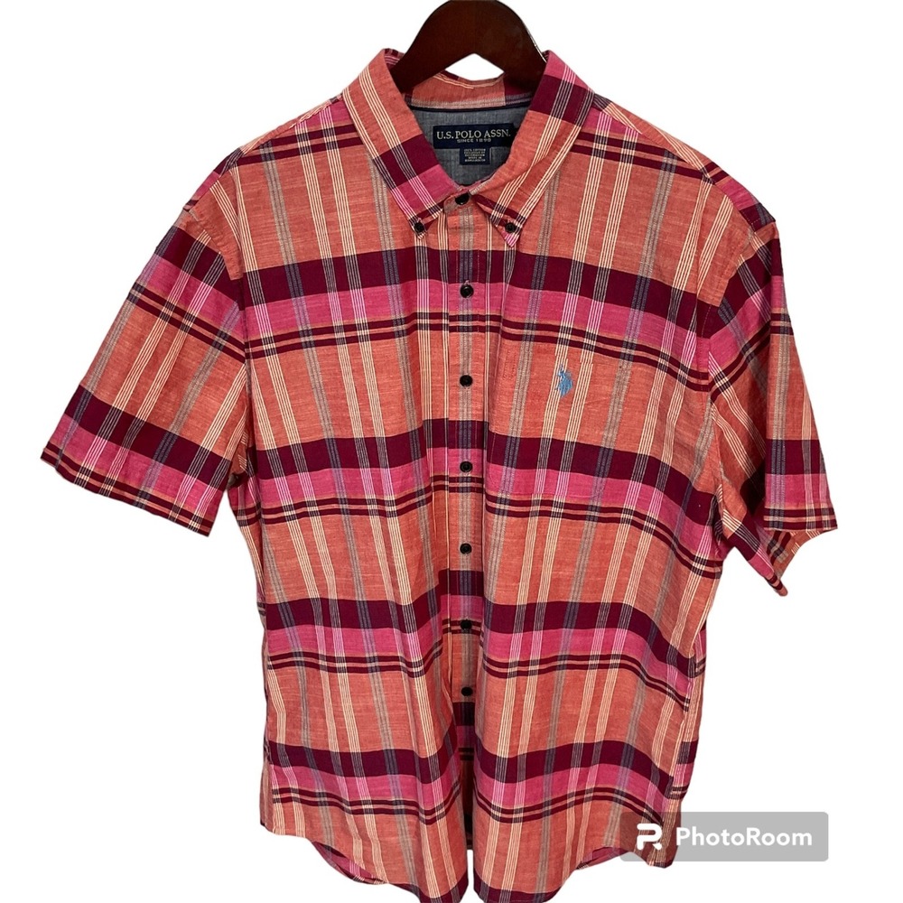 U.S. Polo Assn. Button Down Mens XL Coral Plaid EUC Short Sleeve Cotton Shirt